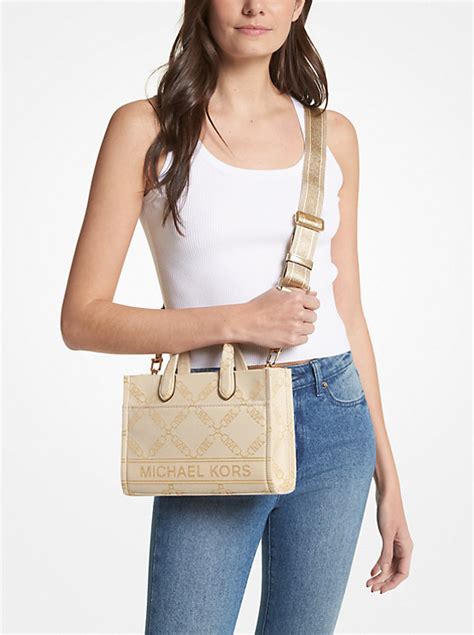 michael kors large round gold medallion on front of bag|Aria Large Signature Logo Jacquard Tote Bag .